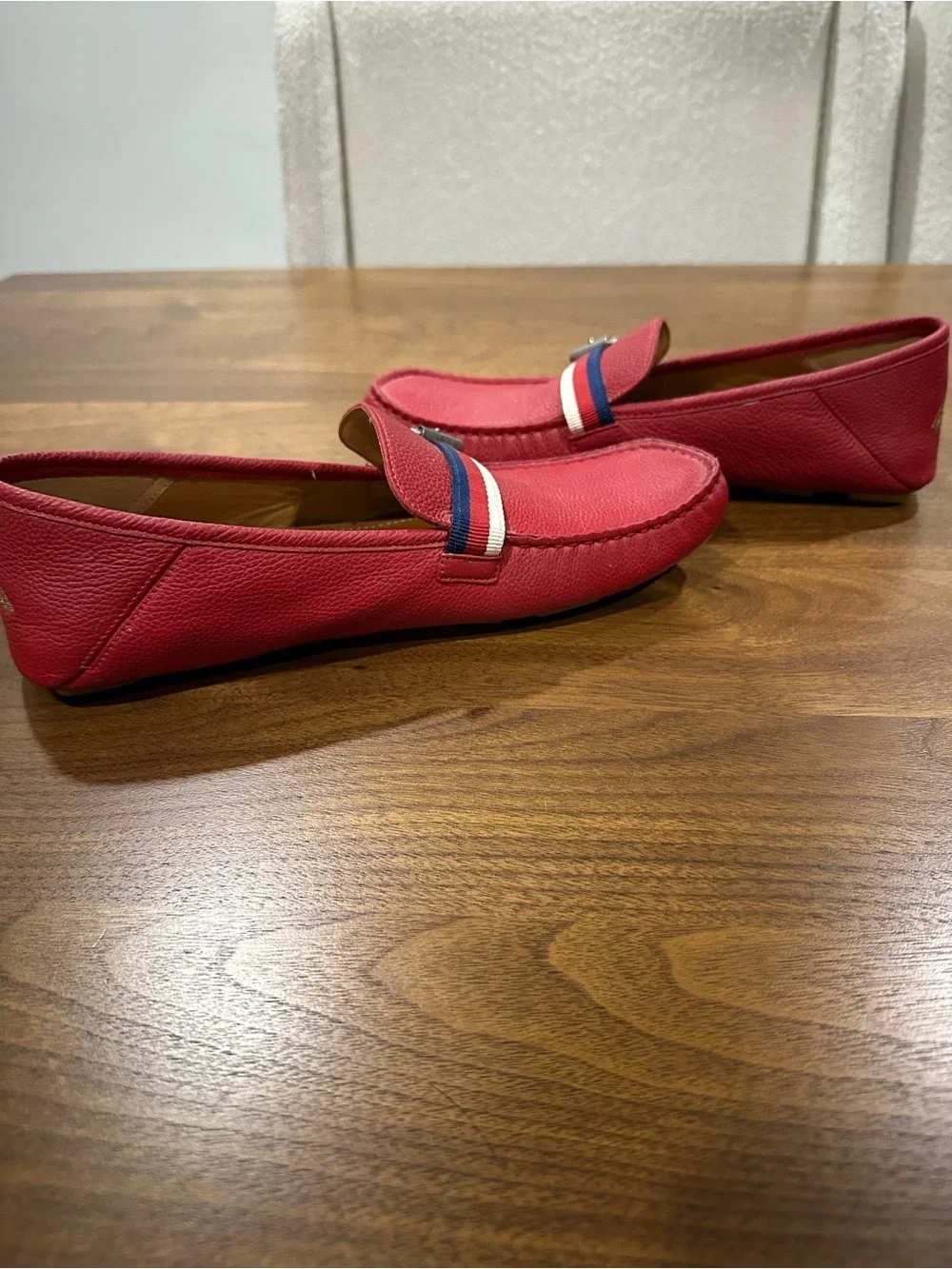 Gucci Red Pebbled Leather Loafers with Blue & White Web Detail